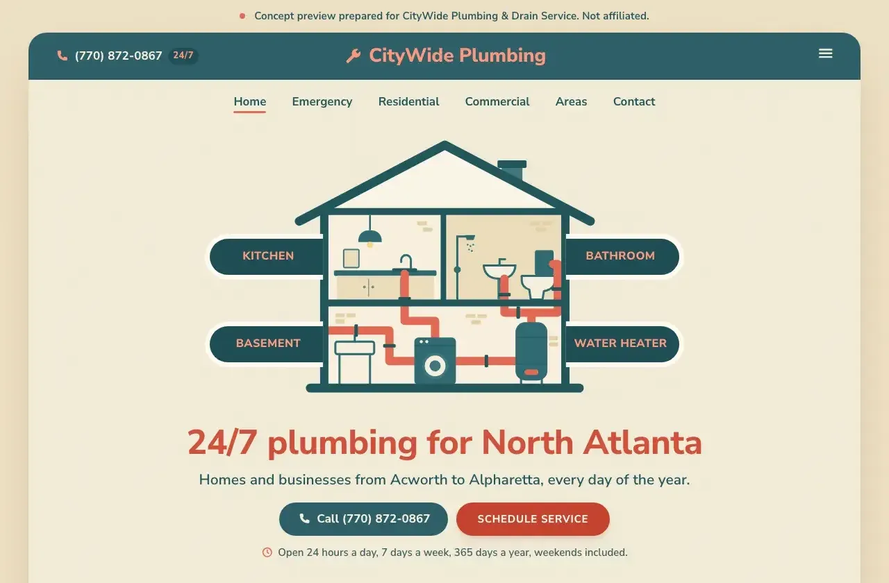 The live illustrated-house home page: a cutaway house with kitchen, bathroom, basement and water heater labels, under the red headline 24/7 plumbing for North Atlanta.